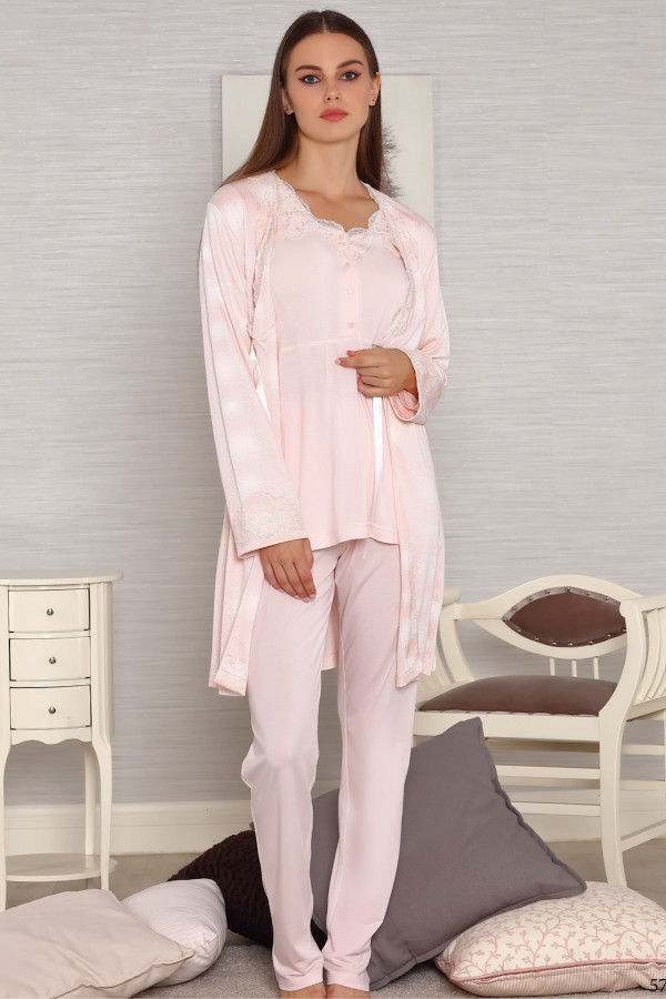 Kadın Sabahlıklı Lohusa Pijama Takımı Tuba 562 3lü Kadın Sabahlıklı Hamile Pijaması