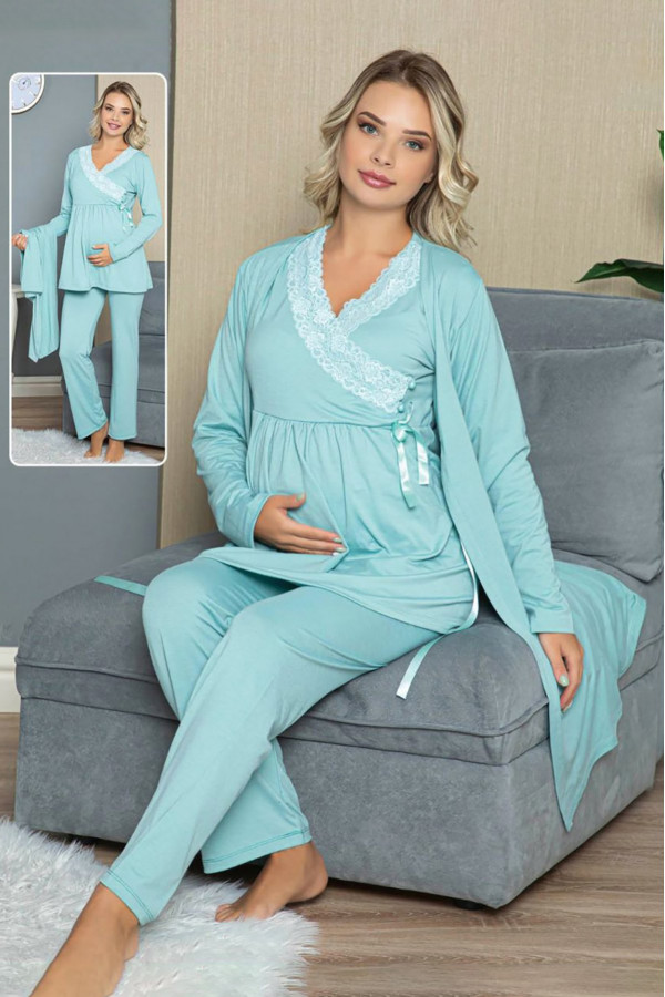 Kadın Sabahlıklı Lohusa Pijama Takımı Jenika 42314 3lü Kadın Sabahlıklı Hamile Pijaması