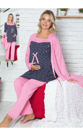 Kadın Sabahlıklı Lohusa Pijama Takımı Jenika 42519 - 3lü Kadın Sabahlıklı Hamile Pijaması