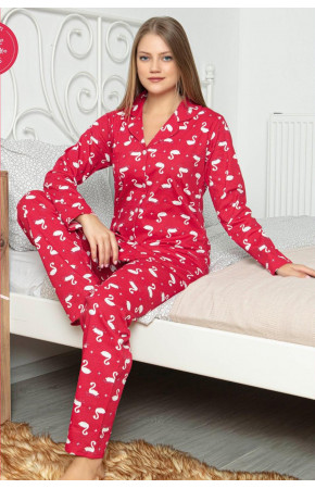 Polat Yıldız 70104 İnterlok Kumaş 2li Bayan Pijaması - Önden Düğmeli Bayan Pijama Takımı