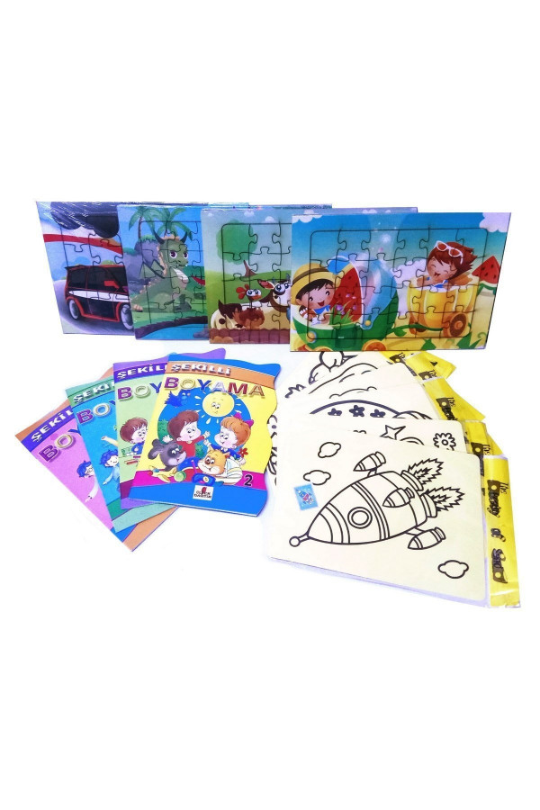 Çocuklar için Aktivite Seti - 12 Parça, (Puzzle, Kum Boya, Boyama Kitabı)