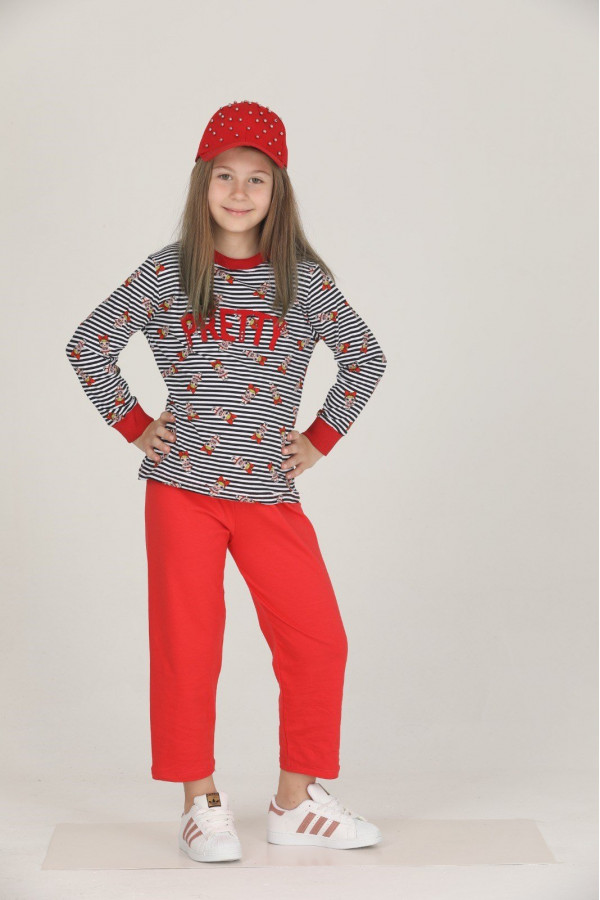 Kırmızı - Siyah Renkli Pamuklu İki İplik Hayal Sepeti TKNR 42011 Kız Çocuk Pijama Takımı