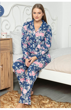 Polat Yıldız 70102 İnterlok Kumaş 2li Bayan Pijaması - Mavi Renk Önden Düğmeli Bayan Pijama Takımı