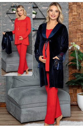 Kadın Kırmızı Lohusa Pijama Takımı Jenika 42467  Sabahlıklı  3lü Sabahlıklı Hamile Pijaması