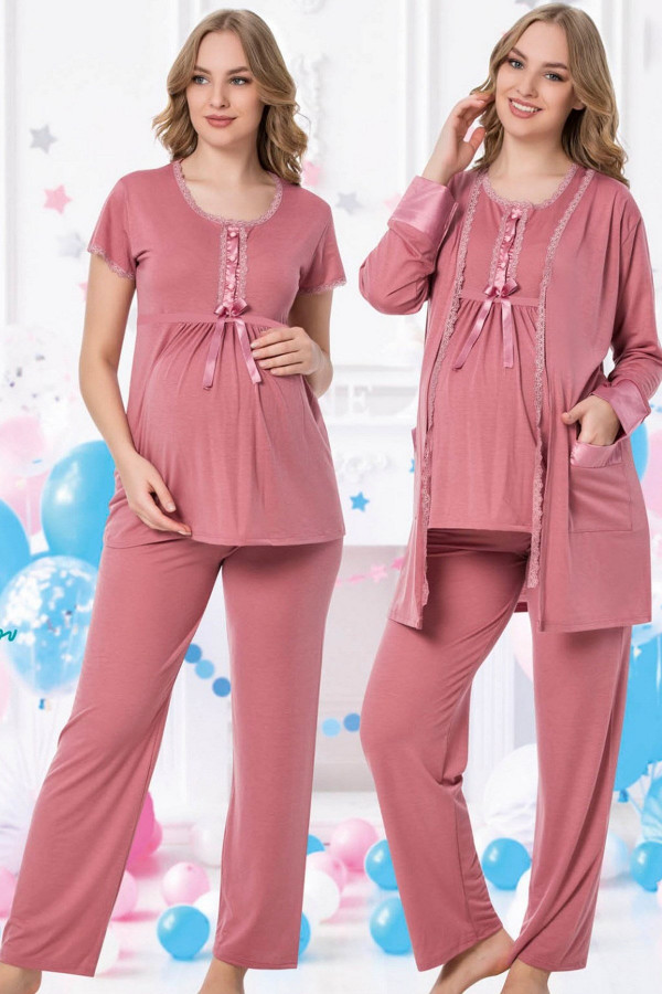 Kadın Gül Kurusu Sabahlıklı Lohusa Pijama Takımı Jenika 35704 - Jenika 3lü Kadın Sabahlıklı Hamile P