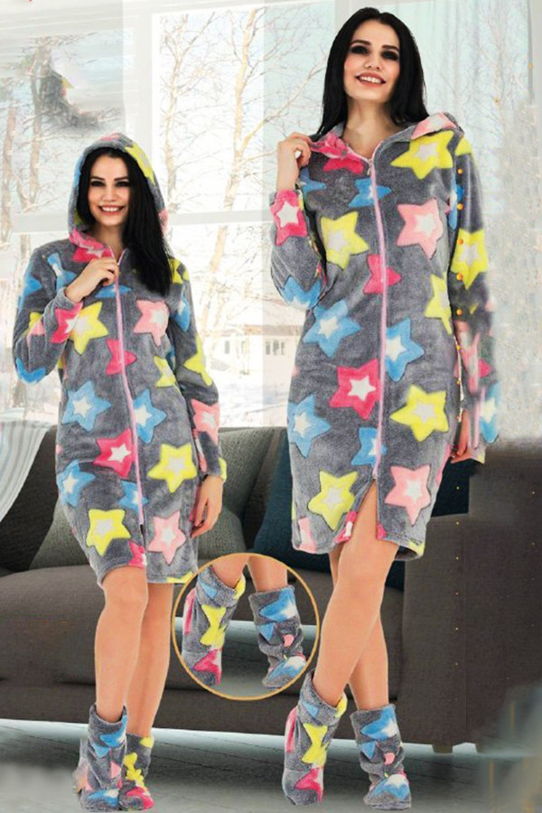 Kadın Kapüşonlu Welsoft Kumaş Kışlık Gri Renk ve Yıldız Desenli Tunik - Teknur 58006 Kışlık Kapüşonl Kadın Kapüşonlu Welsoft Kumaş Kışlık Gri Renk ve Yıldız Desenli Tunik - Teknur 58006 Kışlık Kapüşonl