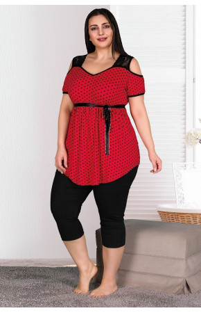 Lady 10524 Büyük Beden Kırmızı Renk ve  Desenli Kapri Pijama Takımı Lady 10524 Büyük Beden Kırmızı Renk ve  Desenli Kapri Pijama Takımı