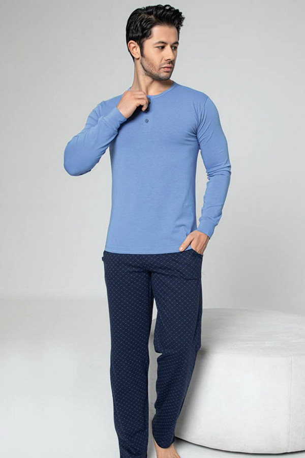 Pamuklu Kumaş Aydoğan Akare 331 Mavi Renk Pijama Takımı - Uzun Kollu Erkek Pijama Takımı