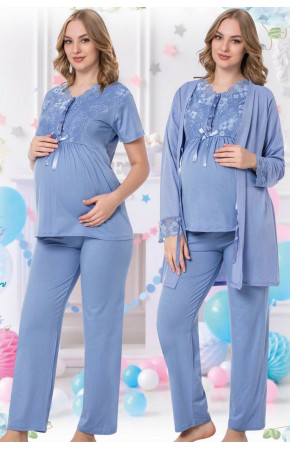 Kadın Açık Mavi Sabahlıklı Lohusa Pijama Takımı Jenika 35715 - Jenika 3lü Kadın Sabahlıklı Hamile Pi