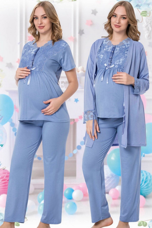 Kadın Açık Mavi Sabahlıklı Lohusa Pijama Takımı Jenika 35715 - Jenika 3lü Kadın Sabahlıklı Hamile Pi Kadın Açık Mavi Sabahlıklı Lohusa Pijama Takımı Jenika 35715 - Jenika 3lü Kadın Sabahlıklı Hamile Pi