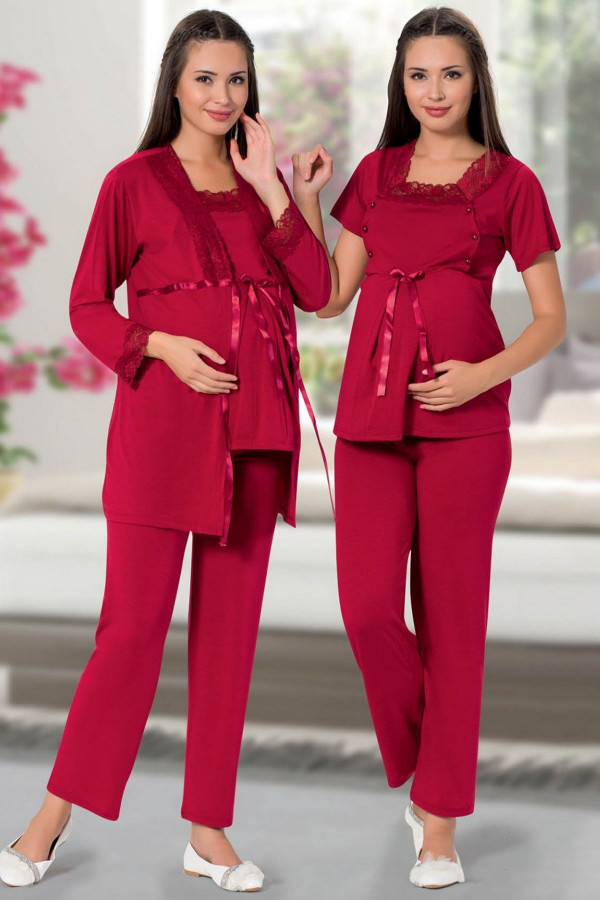 Kadın Bordo Sabahlıklı Lohusa Pijama Takımı Jenika 25998 - Jenika 3lü Kadın Sabahlıklı Hamile Pijama
