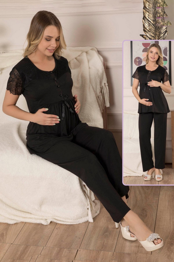 Kadın Siyah Lohusa Pijama Takımı Jenika 40678 - Jenika 2 li Kadın Hamile Pijaması
