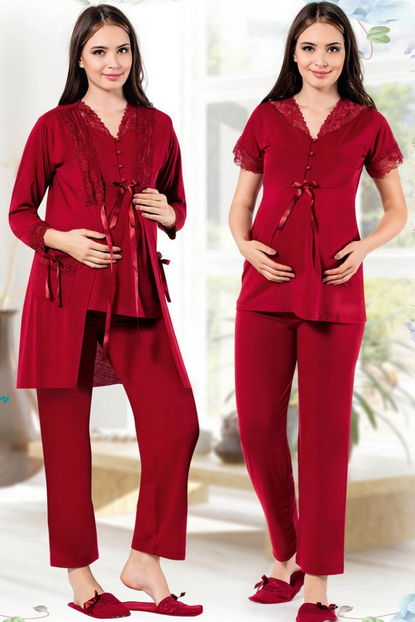 Kadın Bordo Sabahlıklı Lohusa Pijama Takımı Jenika 27816 - Jenika 3lü Kadın Sabahlıklı Hamile Pijama