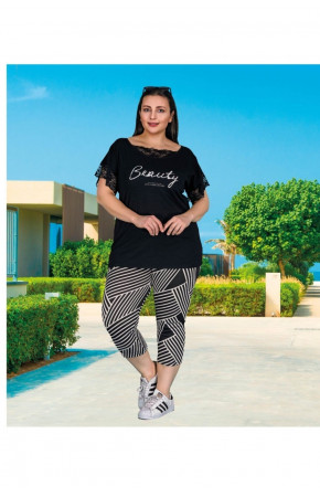 Lady 10519 Büyük Beden Siyah Renk ve  Desenli Kapri Pijama Takımı Lady 10519 Büyük Beden Siyah Renk ve  Desenli Kapri Pijama Takımı