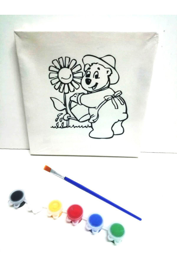 Resimli Tuval 20 x 20 Sevimli Ayı  6lı boya, fırça Boyama seti