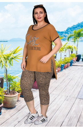 Lady 10515 Büyük Beden Sarı Siyah Renk ve Leopar Desenli Kapri Pijama Takımı Lady 10515 Büyük Beden Sarı Siyah Renk ve Leopar Desenli Kapri Pijama Takımı