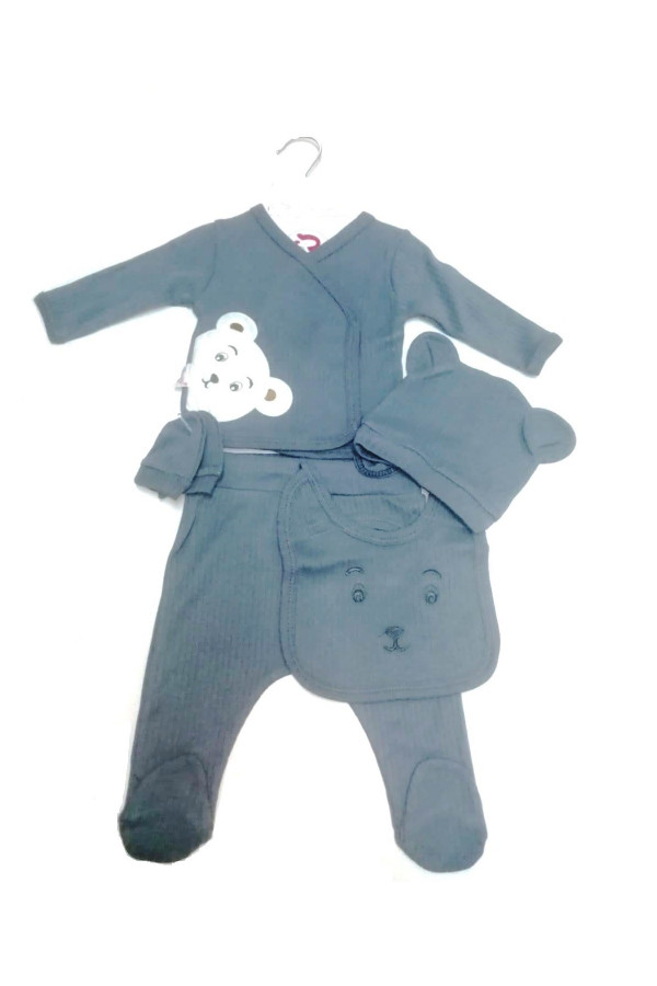 Gri Renk Ayıcık Baskılı , Pamuk Kumaş Yeni Doğan Erkek Bebek Zıbın Takım Gri Renk Ayıcık Baskılı , Pamuk Kumaş Yeni Doğan Erkek Bebek Zıbın Takım