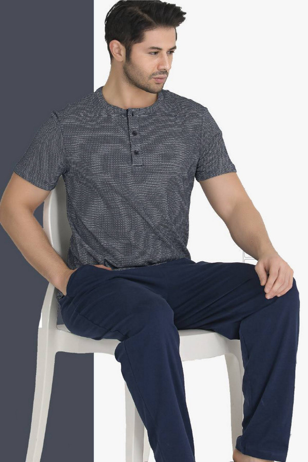 Modal Kumaş Teknur 30695 Gri - Lacivert Renk Kısa Kollu Pijama Takımı Modal Kumaş Teknur 30695 Gri - Lacivert Renk Kısa Kollu Pijama Takımı