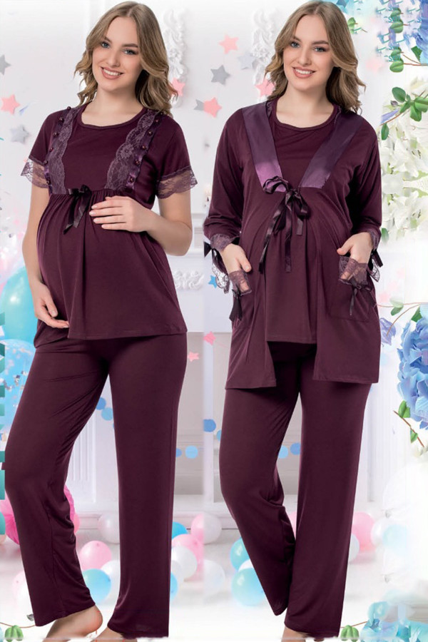 Kadın Mürdüm Sabahlıklı Lohusa Pijama Takımı Jenika 35725 - Jenika 3lü Kadın Sabahlıklı Hamile Pijam