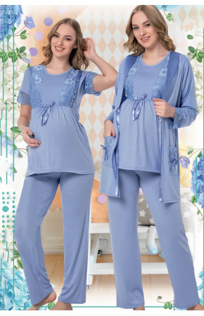 Kadın Açık Mavi Sabahlıklı Lohusa Pijama Takımı Jenika 35734 - Jenika 3lü Kadın Sabahlıklı Hamile Pi