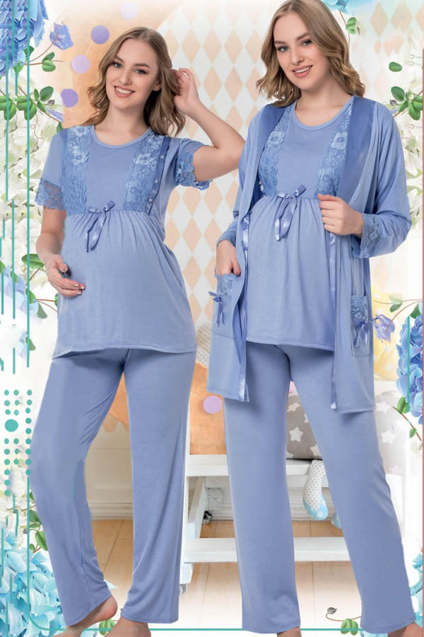 Kadın Açık Mavi Sabahlıklı Lohusa Pijama Takımı Jenika 35734 - Jenika 3lü Kadın Sabahlıklı Hamile Pi
