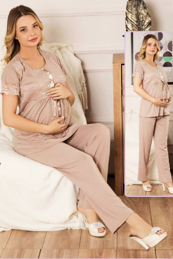 Kadın Bej Lohusa Pijama Takımı Jenika 40635 - Jenika 2 li Kadın Hamile Pijaması