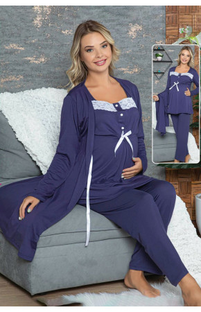 Kadın Sabahlıklı Lohusa Pijama Takımı Jenika 42342 - 3lü Kadın Sabahlıklı Hamile Pijaması