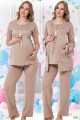 Kadın Bej Sabahlıklı Lohusa Pijama Takımı Jenika 35750 - Jenika 3lü Kadın Sabahlıklı Hamile Pijaması
