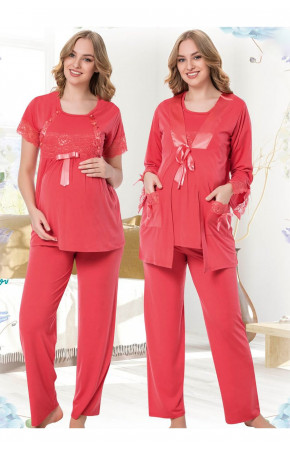 Kadın Sabahlıklı Lohusa Pijama Takımı Jenika 35708 3 lü Kadın Sabahlıklı Hamile Pijaması